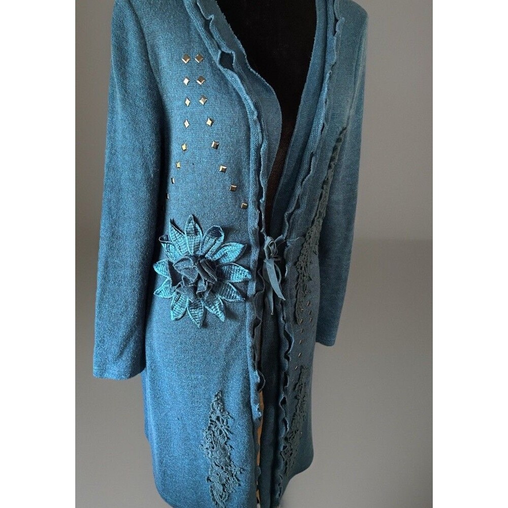 Pretty Angel Boho Duster Cardigan  Linen Blend Blue Floral Lace Appliqué Size S - Picture 3 of 12